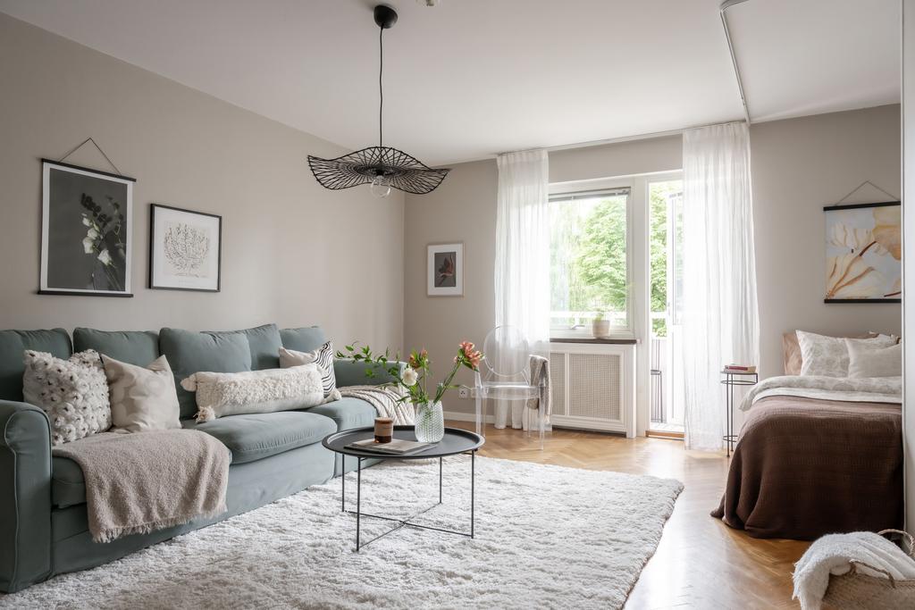 Rymligt vardagsrum med plats soffa och säng