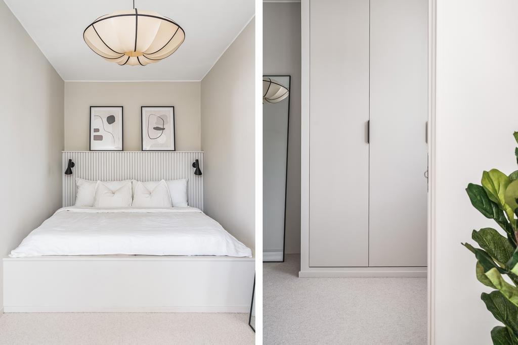 Minimalistisk stil i sovrum med platsbyggd säng och garderober