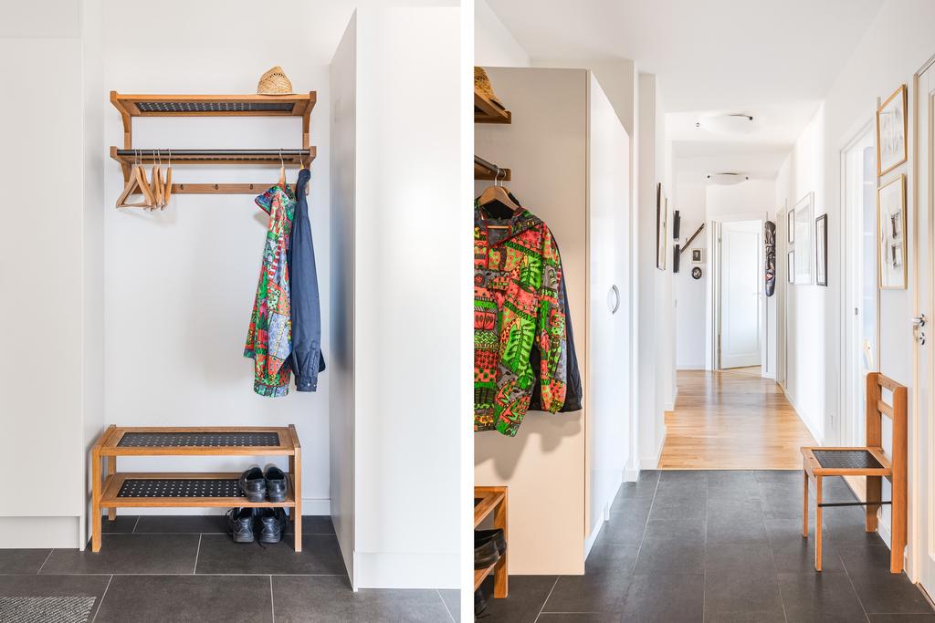 Hall med praktisk klinker och förvaringsmöjligheter