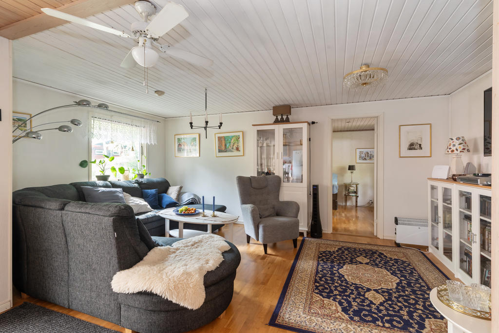 Generöst vardagsrum med gott om plats för stora soffan. Här finns en öppen spis med insats för både värme och mys.