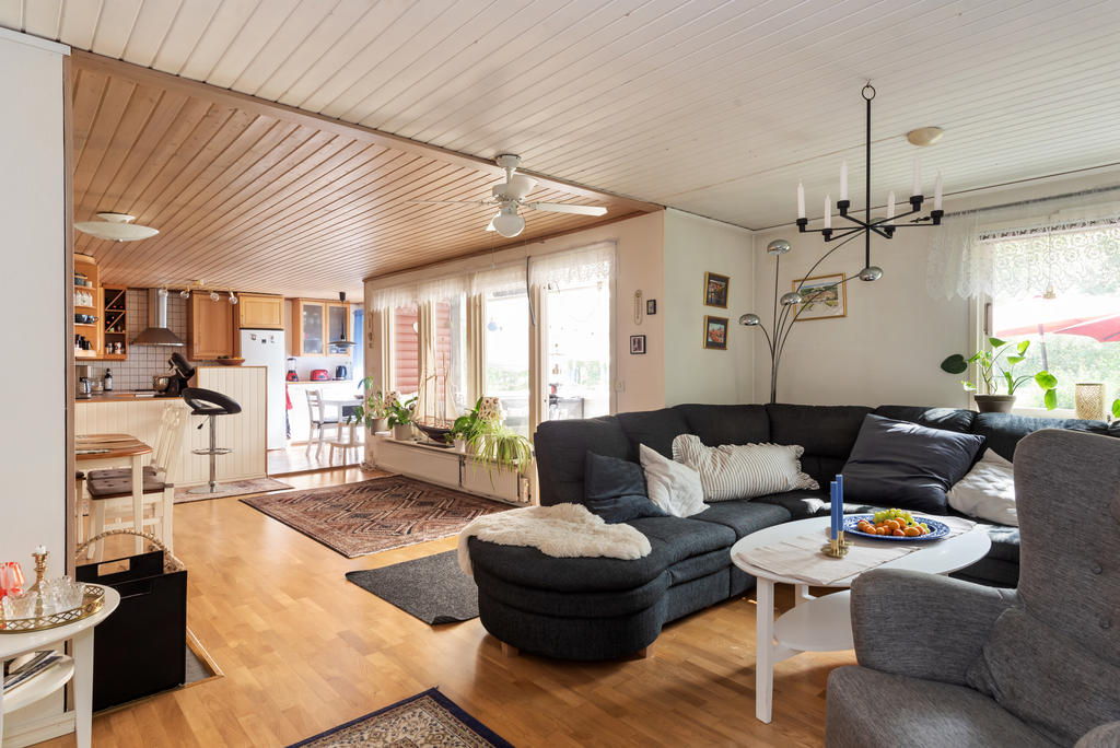 Generöst vardagsrum med gott om plats för stora soffan. Här finns en öppen spis med insats för både värme och mys.