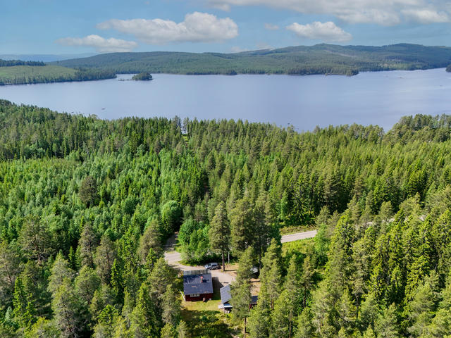 Vy från stugan belägen öster om grusvägen. Västerut fortsätter fastigheten med skog och privat väg ned till vattnet. 