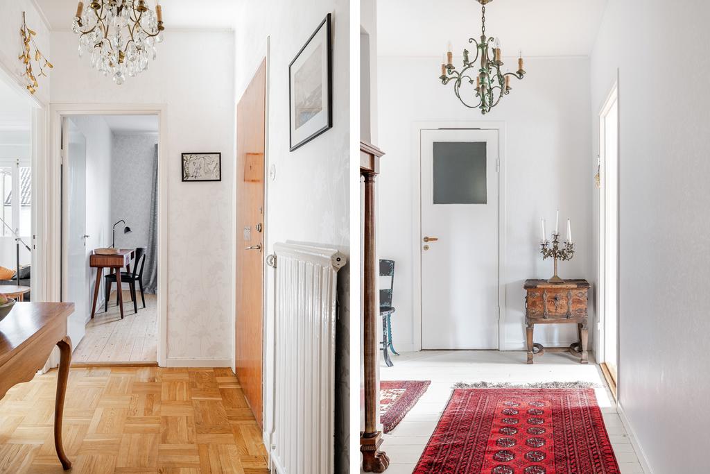 Entréhall samt inre hall på övervåningen