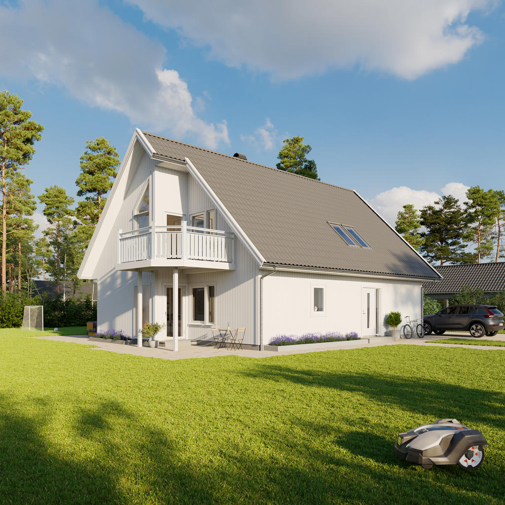 Renderingsbild för inspiration. Huset som byggs kommer bl.a. att ha högre väggliv. Se fasadritningar.