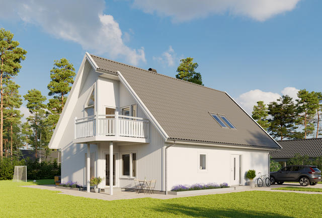 Renderingsbild för inspiration. Huset som byggs kommer bl.a. att ha högre väggliv. Se fasadritningar.