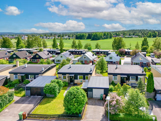 Vy från Blåbärsvägen över fastighetens trädgård på framsidan i norr. 