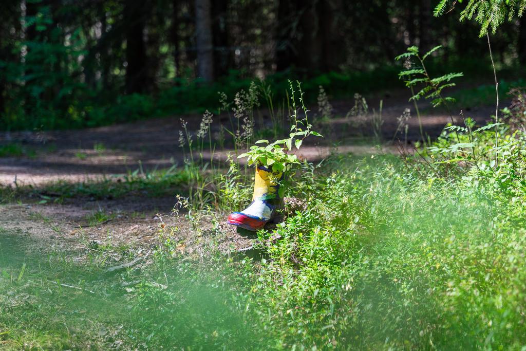 Stöveln som markerar skogsvägen ned till sjön