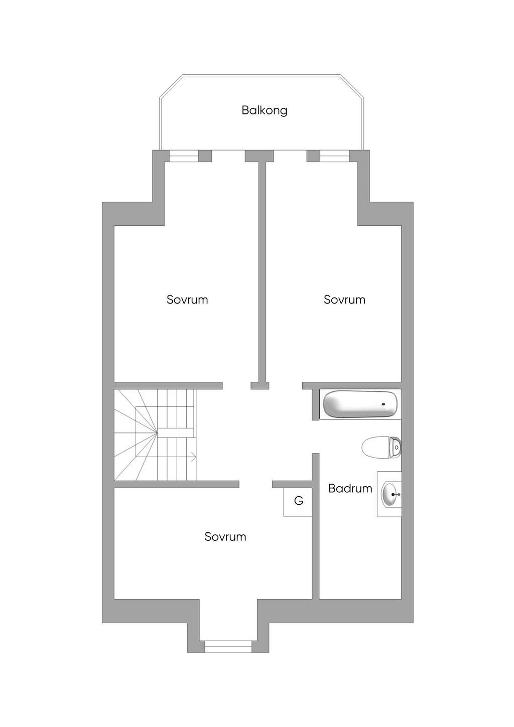 Alternativ planlösning övre plan för fler sovrum.