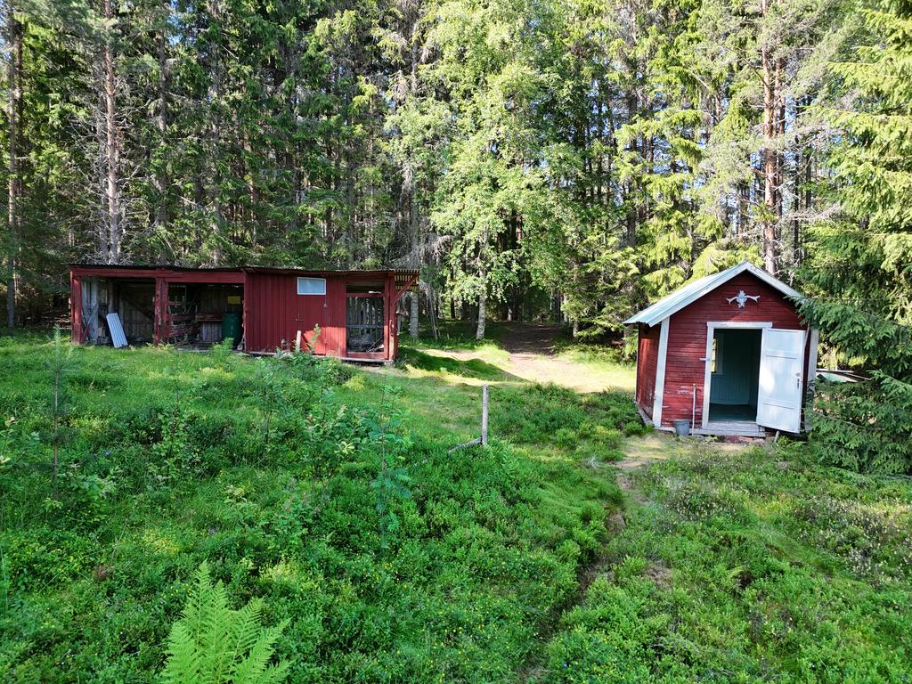 Vedbod/förråd till vänster, gäststuga till höger