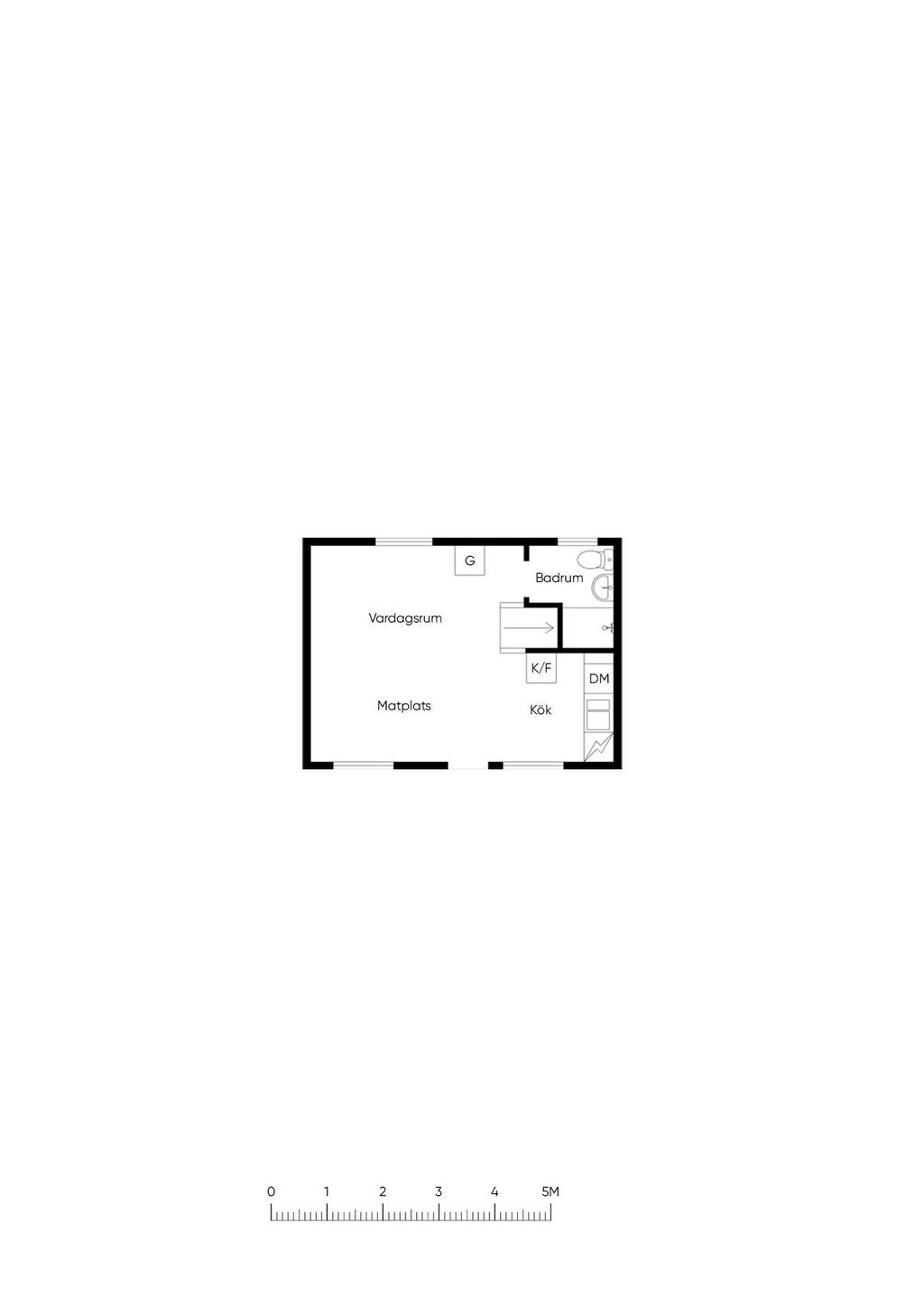Plan 1 hyreslägenhet.
Planlösningarna i lägenheterna liknar varandra men skiljer sig åt i vissa detaljer, och den redovisade planlösningen är endast ett exempel på hur en av de åtta lägenheterna ser ut.