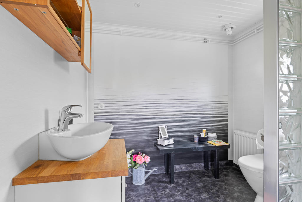 I duschrummet finns handfat, wc och dusch