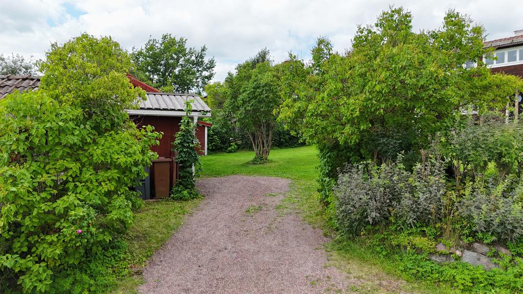 Grusad infart omgiven av lummig grönska.
