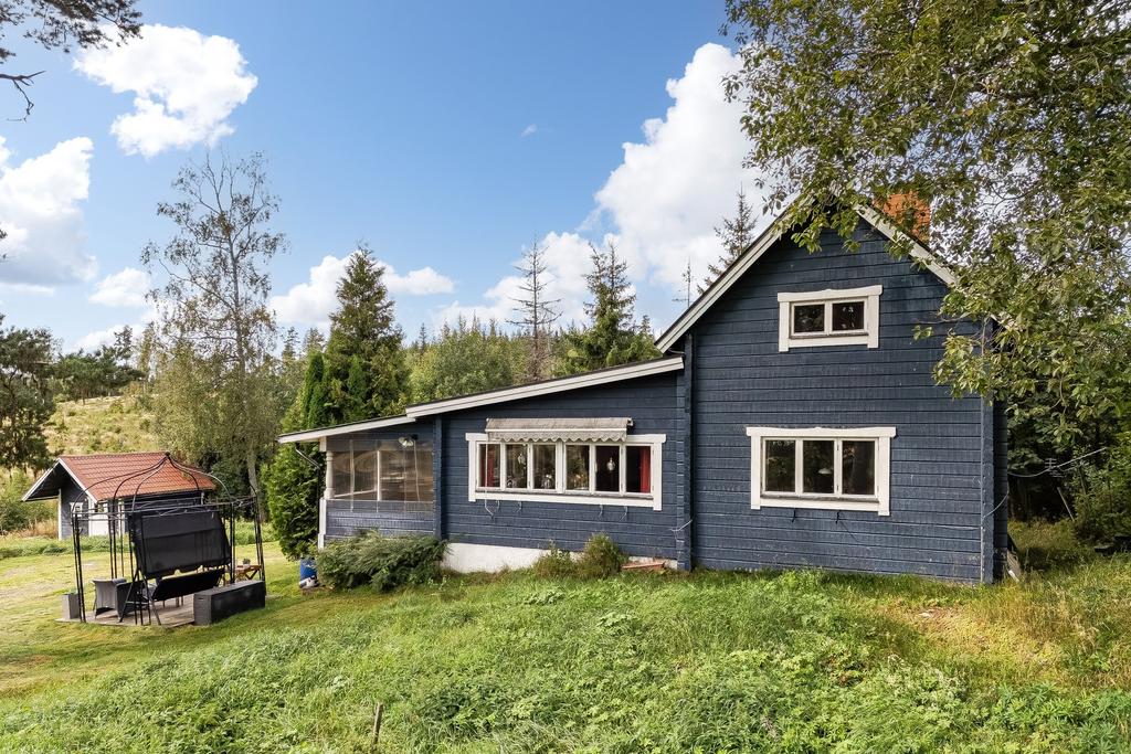 Holmtjärn 1, en vacker blå timmervilla. 