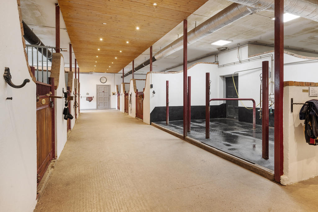 Bred stallgång med uppställningsplatser som har dusch.