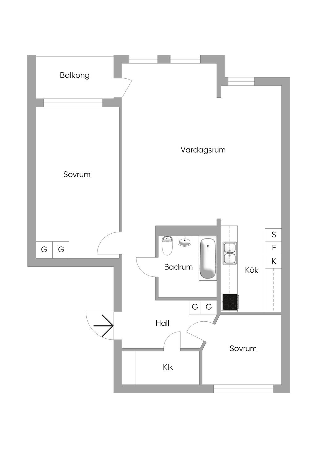 Alternativ planlösning med två sovrum