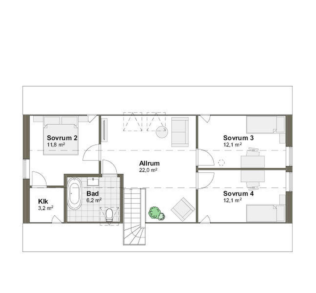 Planlösning övre plan villa Ängalyckan 