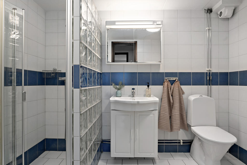 Badrum med dusch på nedre plan.