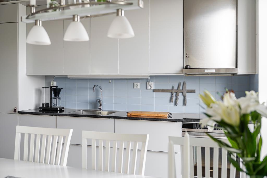 Marbodalkök i grått med mörk bänkskiva i sten