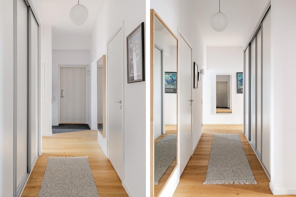 Hall med praktiska skjutdörrsgarderober