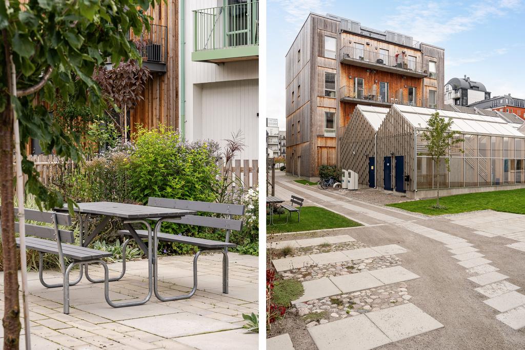 Trevlig innergård med sociala ytor och Felleshuset 