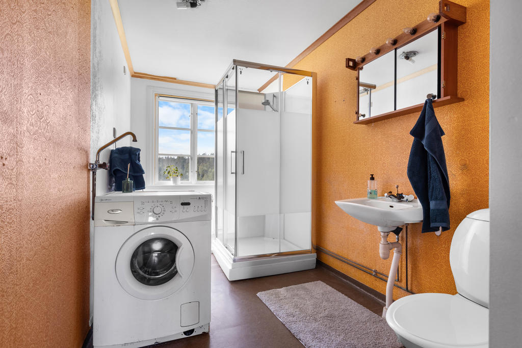 Duschrum med wc, handfat, duschkabin och tvättmaskin