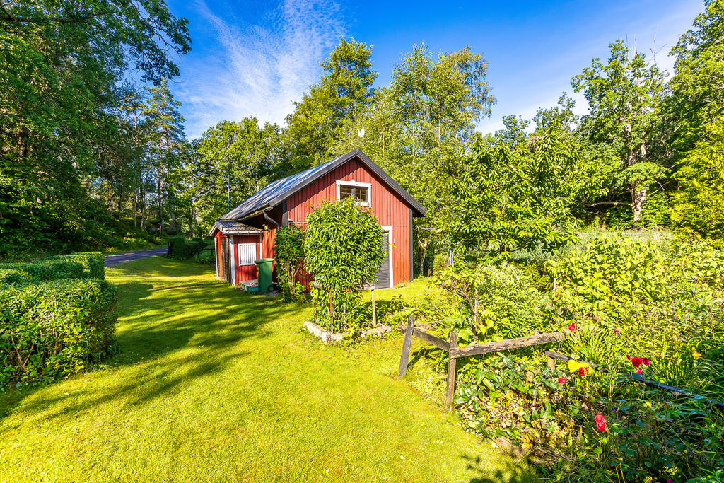 Trädgård med uthuslängan i bakgrunden