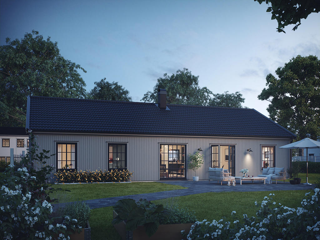 Bygg med Myresjöhus med olika valmöjligheter. Här presenteras en visionsbild med hustyp Smart 150. Se planritning och VR film för visionsvisning över hur huset kan komma att se ut.