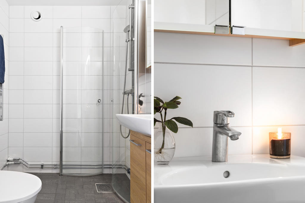 Stilrent helkaklat badrum i tidlösa färger