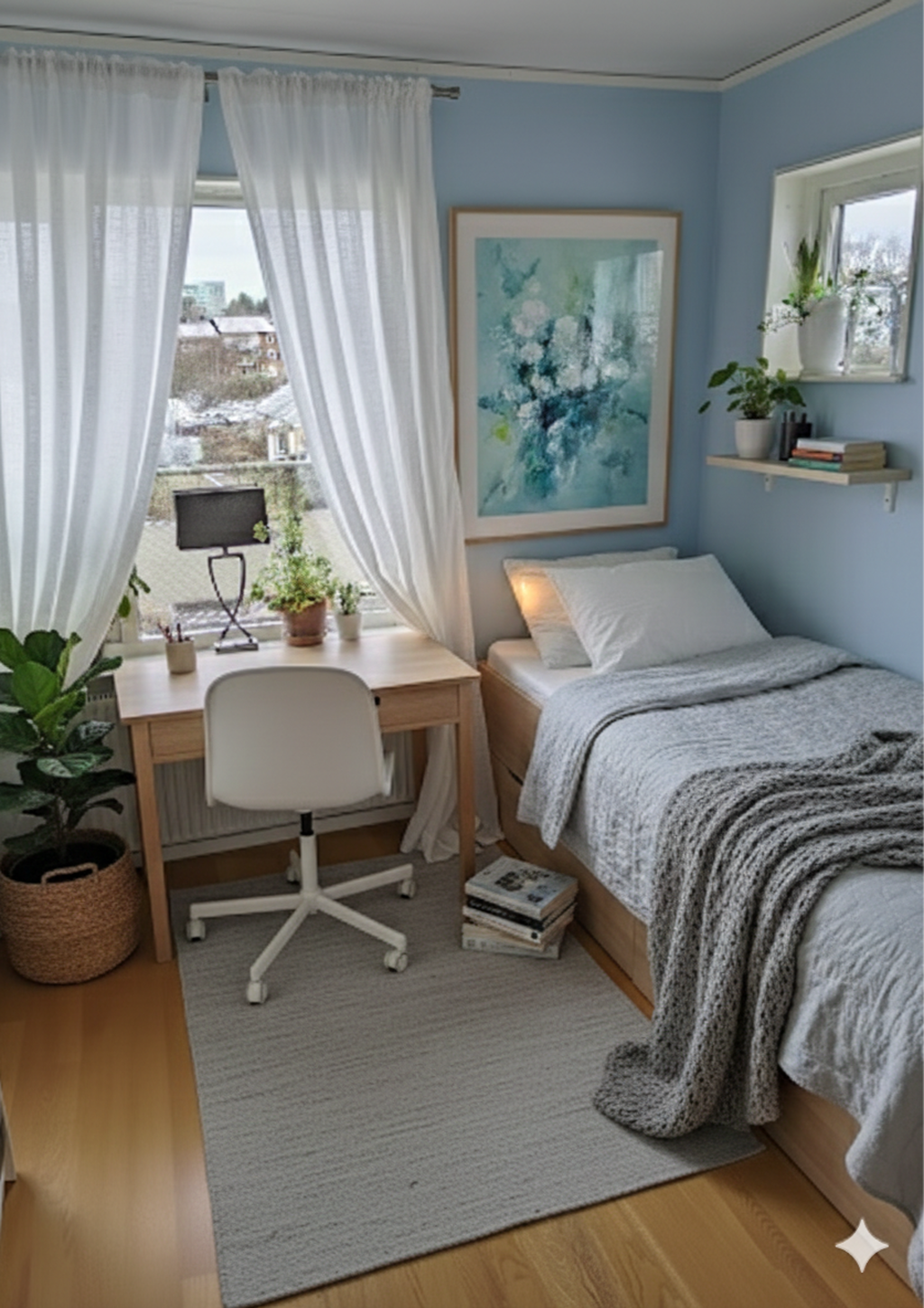 AI-möblerad bild hur sovrum ett kan se ut, om man önskar det som sovrum