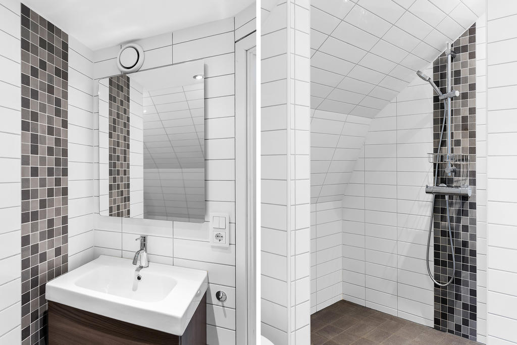 Renoverat badrum på ovanvåningen med dusch. 