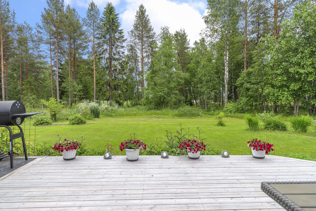 Generös grönskande tomt med glimt av havet