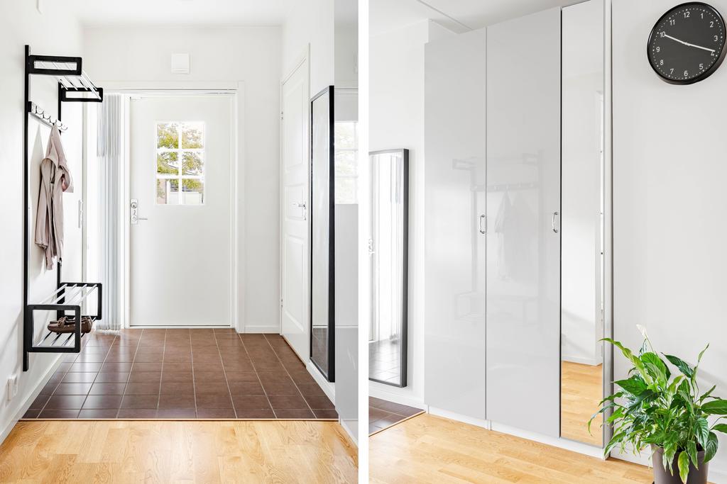 Hall med praktisk klinker innanför dörren samt garderobsförvaring