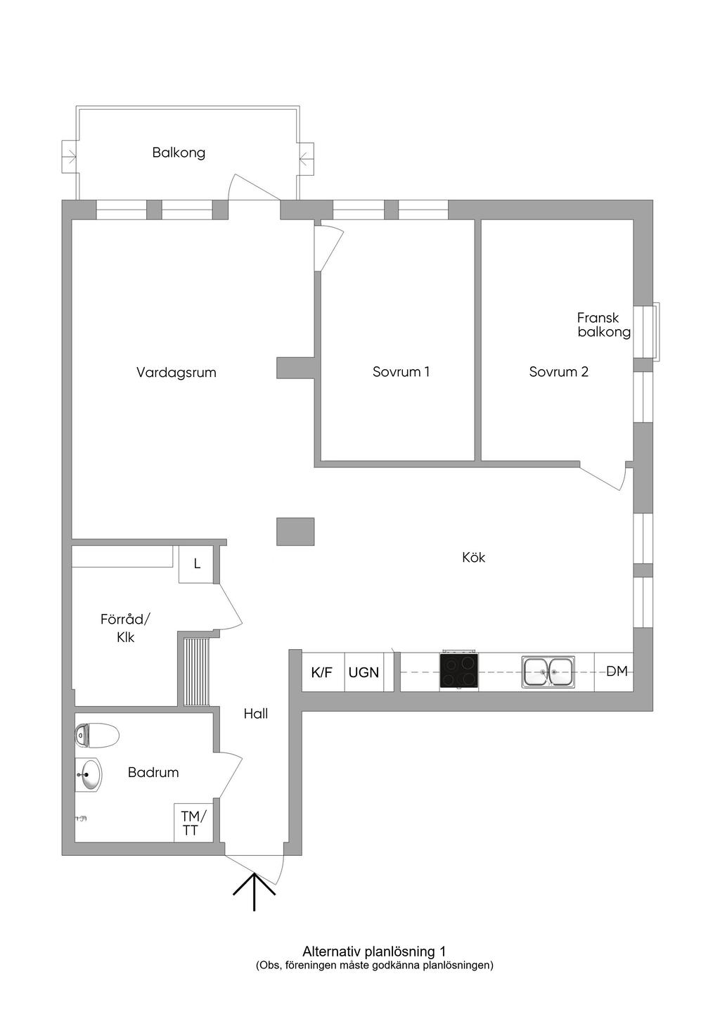 Alternativ planlösning 1 (3 rok, obs föreningen måste godkänna planlösningen)