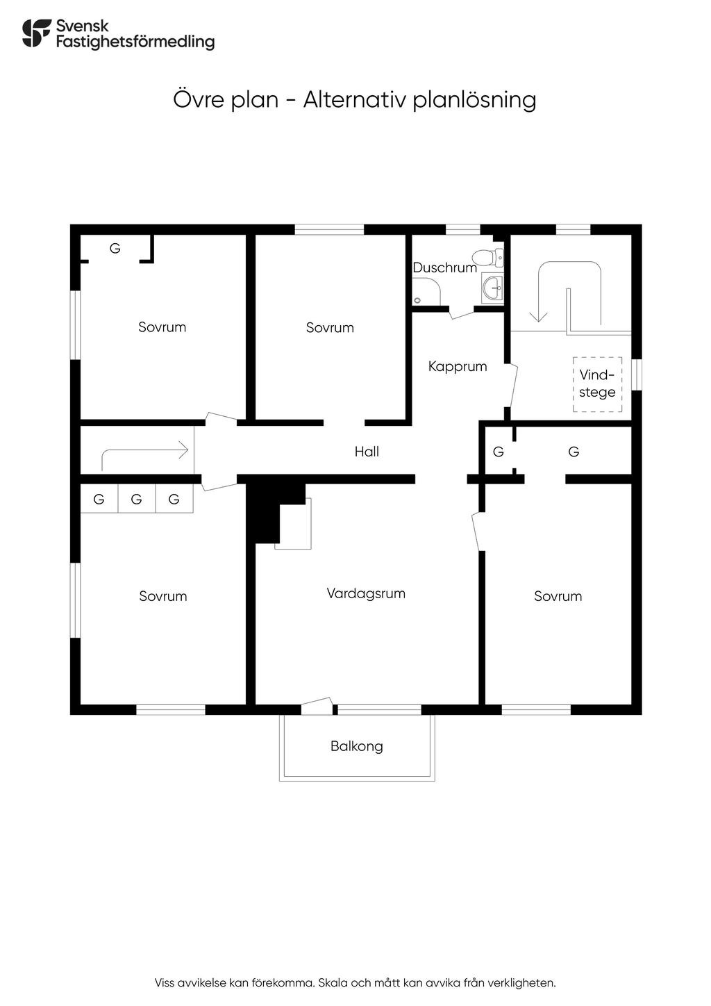 Alternativ planlösning övre plan (utan separat lägenhet)