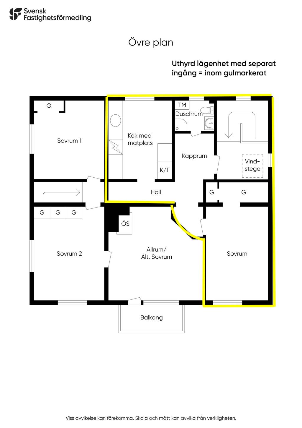 Nuvarande planlösning övre plan med separat lägenhet