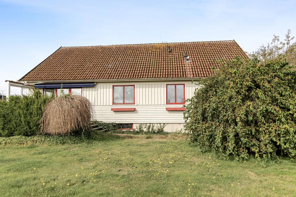 Baksidan av huset med generös gräsmatta och grönskande växtlighet.