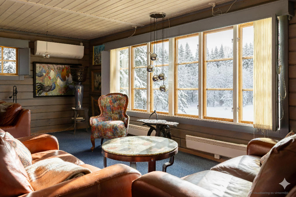 Visualisering: Denna bild är ett originalfoto som har kompletterats digitalt med snö för att illustrera fastigheten och dess omgivning under vintertid