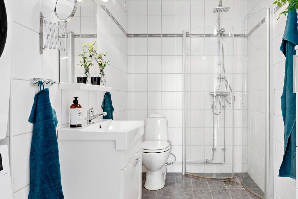 Badrum med dusch, toalett och kommod