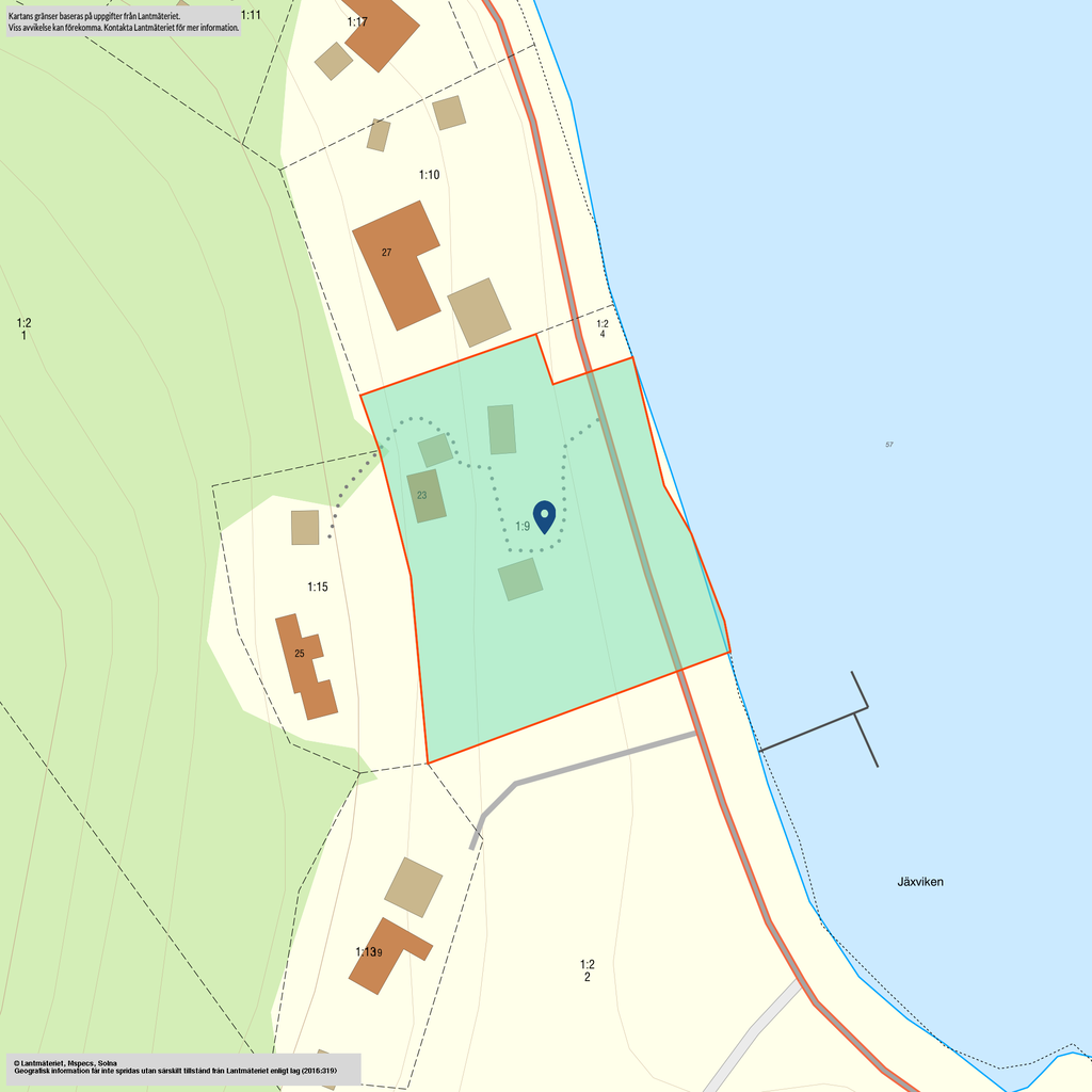 Kartbild över båda fastigheterna 1:9 samt 1:15 som  ej är blåmarkerad