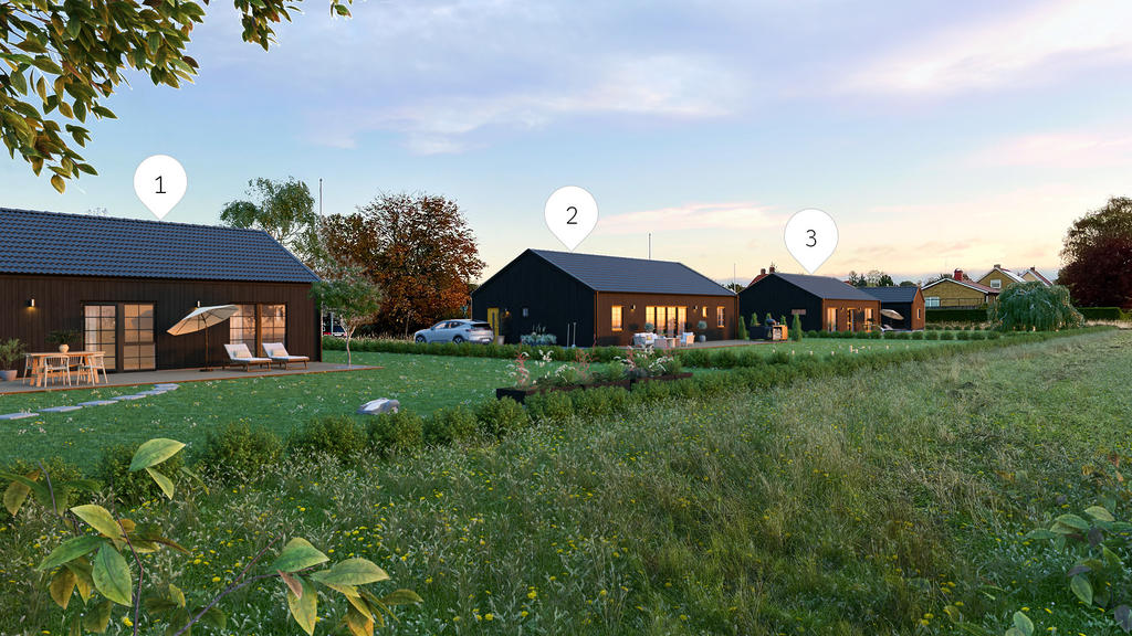 Fotomontage med ett av förslagen på hustyp