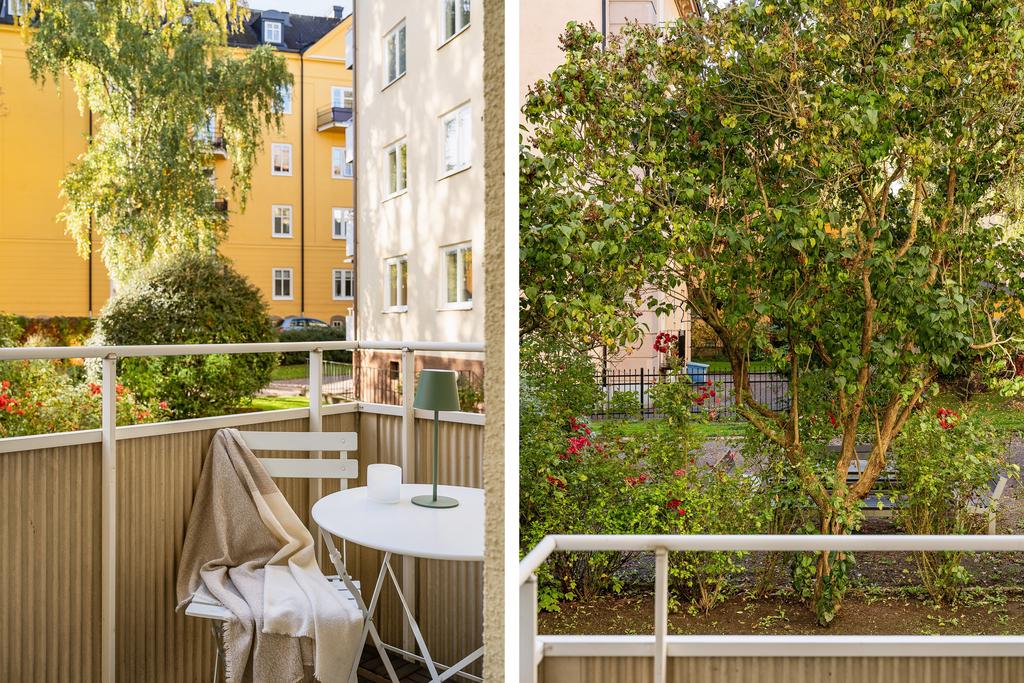 Balkong med utsikt till trevlig innergård 
