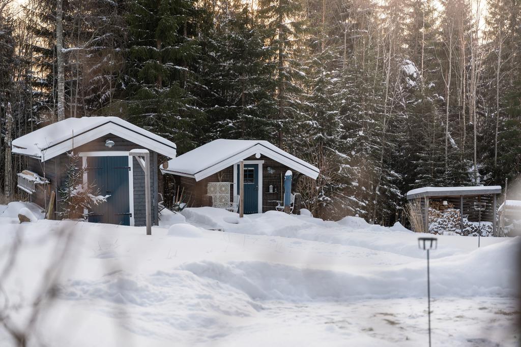 Vinterbild på förråd och gästhuset.