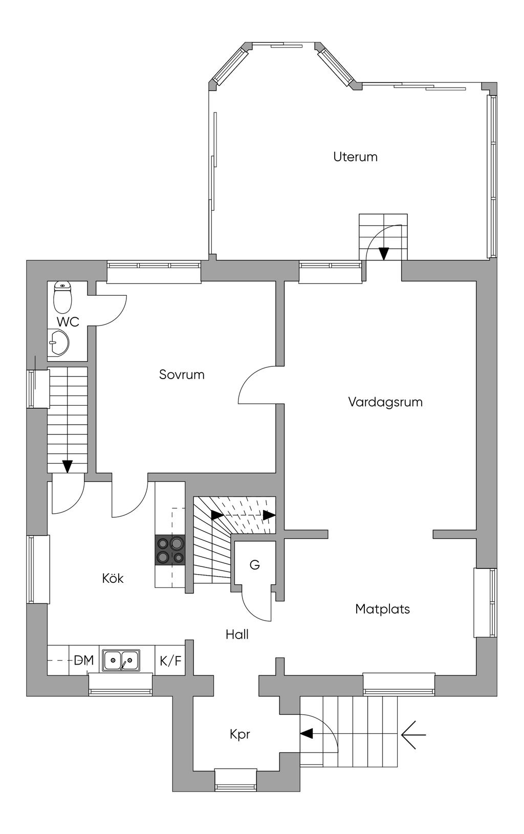 Sovrum på bottenvåningen används i dagsläget som allrum. 