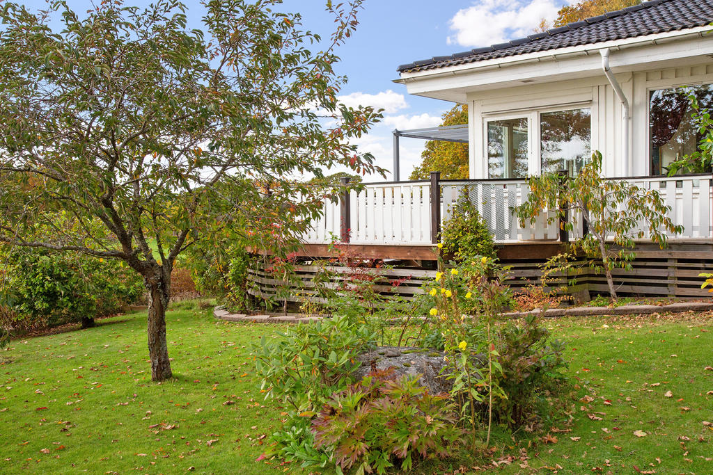 Den lummiga trädgården rymmer både träd och buskar, och här finns utmärkta möjligheter för den odlingsintresserade