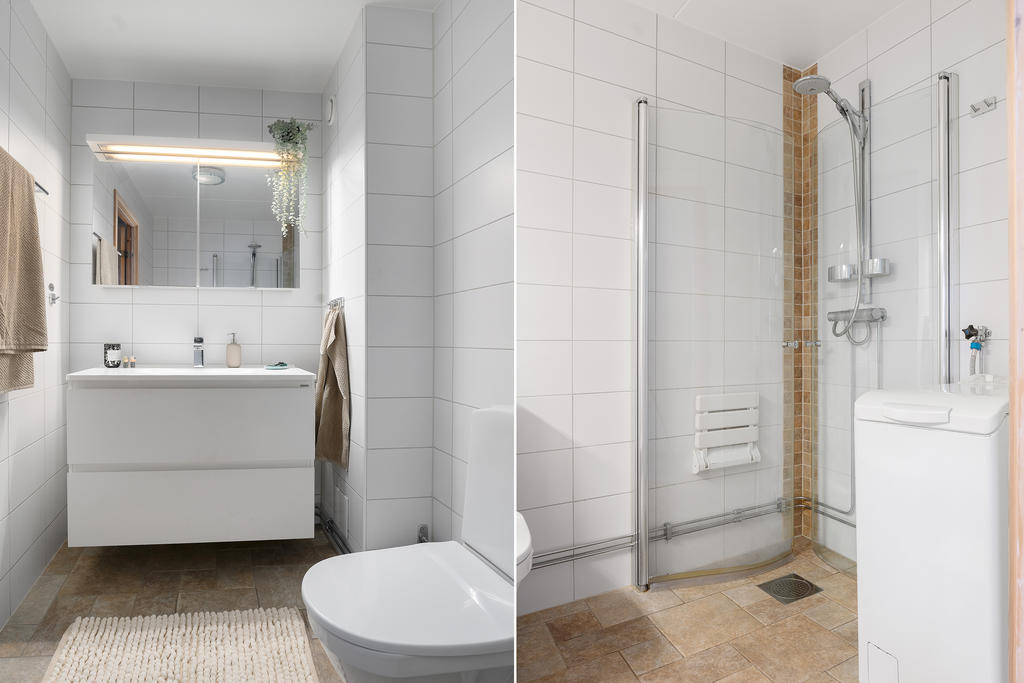 Badrummet är helkaklat med duschhörna. Tvättavdelning med tvättmaskin, plats finns även för torktumlare