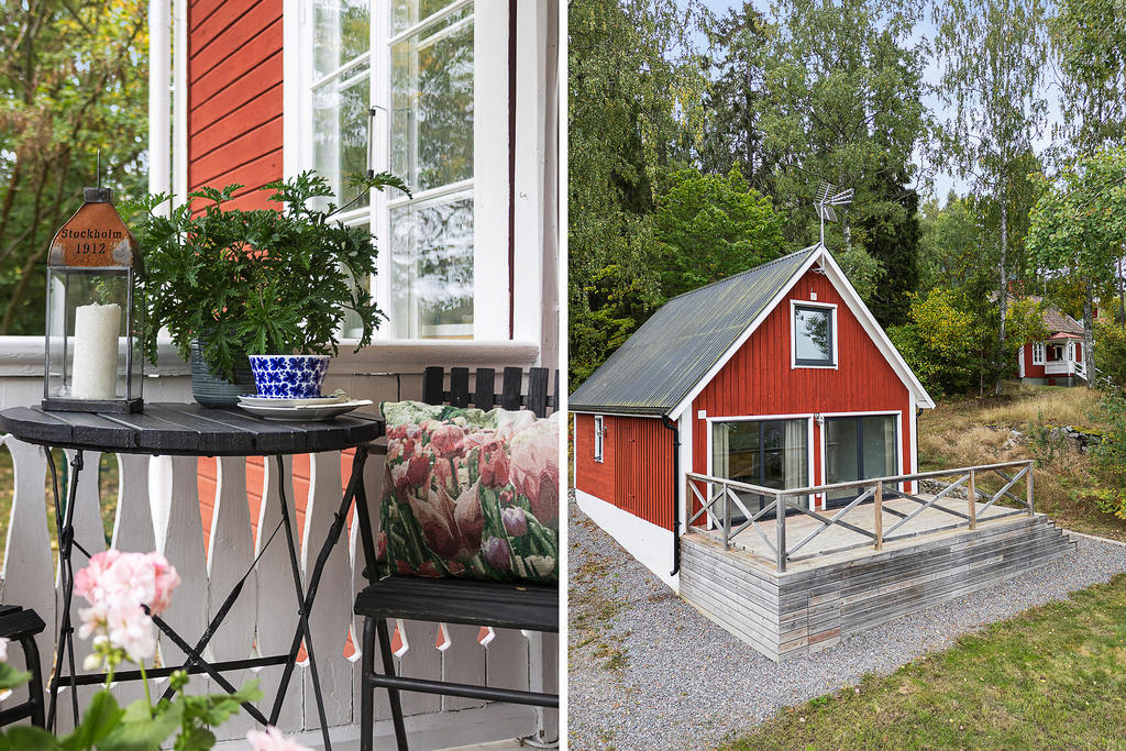 Två altaner, två stämningar: den tidstypiska sittaltanen med snickarglädje och den moderna träaltanen med stora fönsterpartier. Gemensamt har de västerläget, och sommarkvällarna här kan bli långa när kvällssolen dröjer sig kvar. 