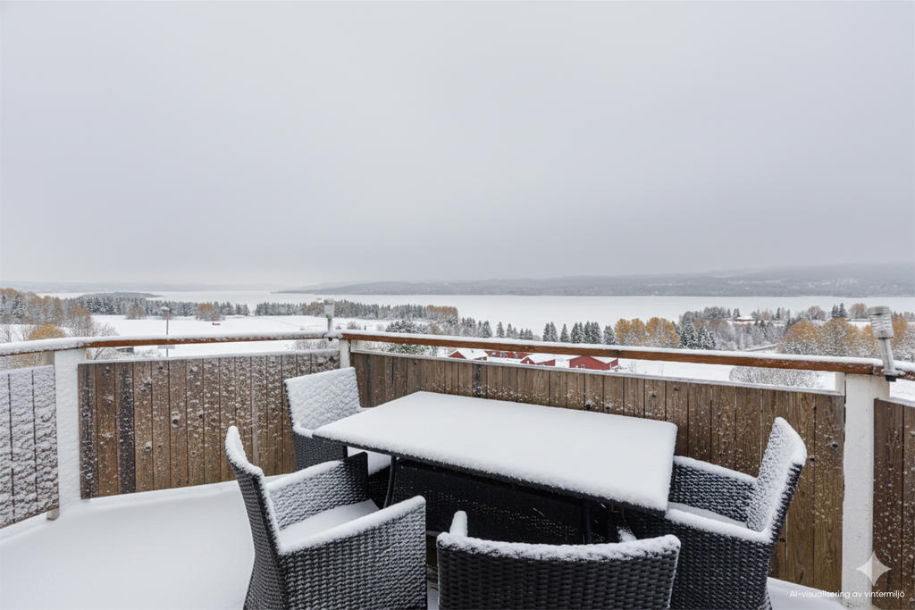 Bilden är en AI-genererad visualisering för att illustrera fastigheten under vintertid.