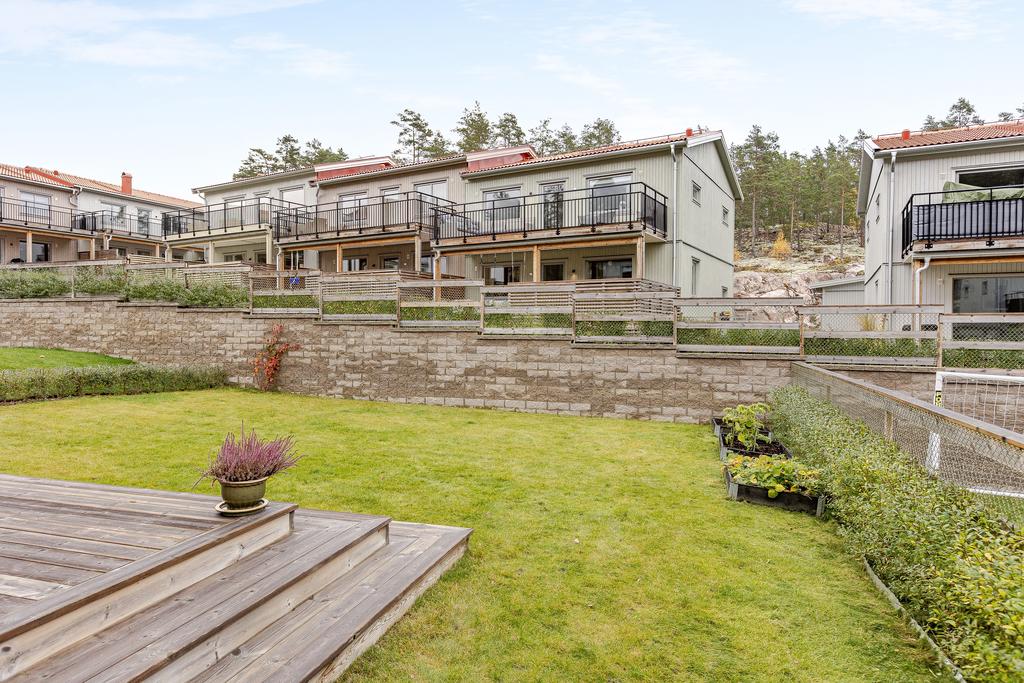 Gräsmatta plats för lek och flera odlingslådor. 