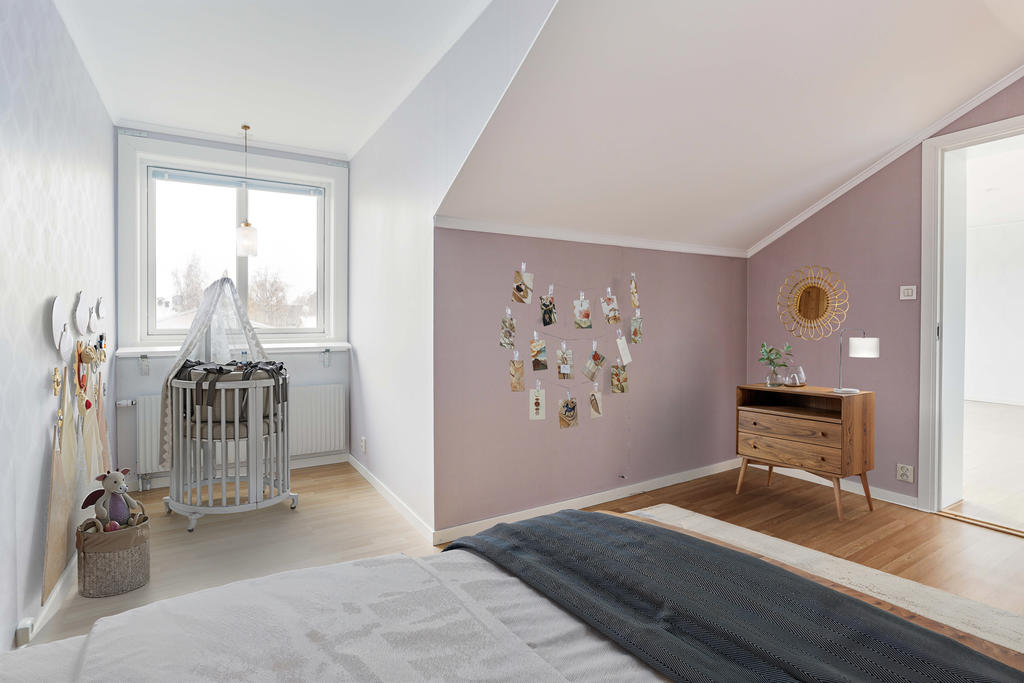 Sovrummet med takkupa  - AI genererad möblering