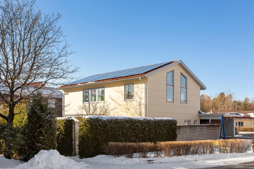 Solceller på taket och insynsskyddad trädgård